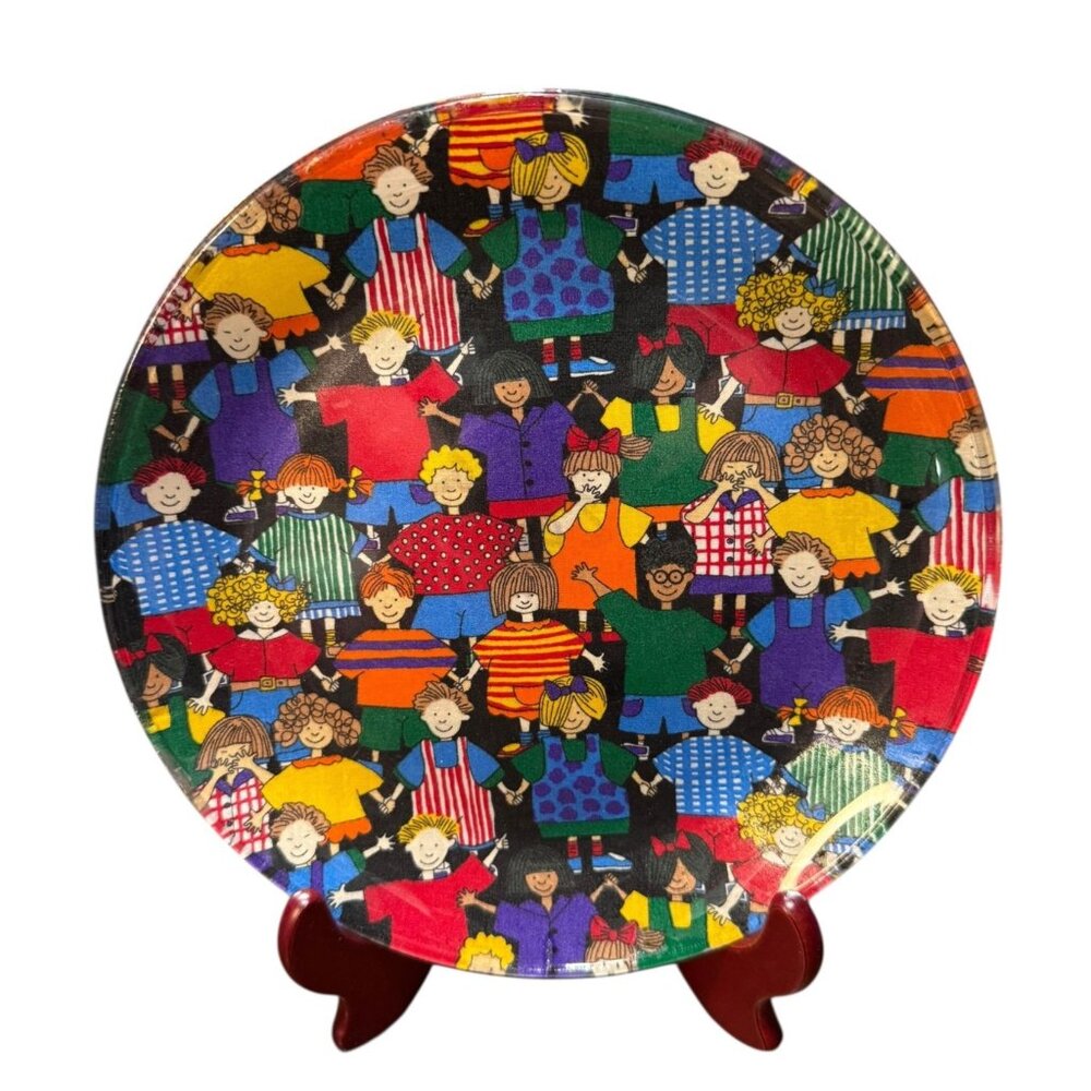 Colorful Laminated Decorative  Glass Plate With Hand-Holding Children Design 12"